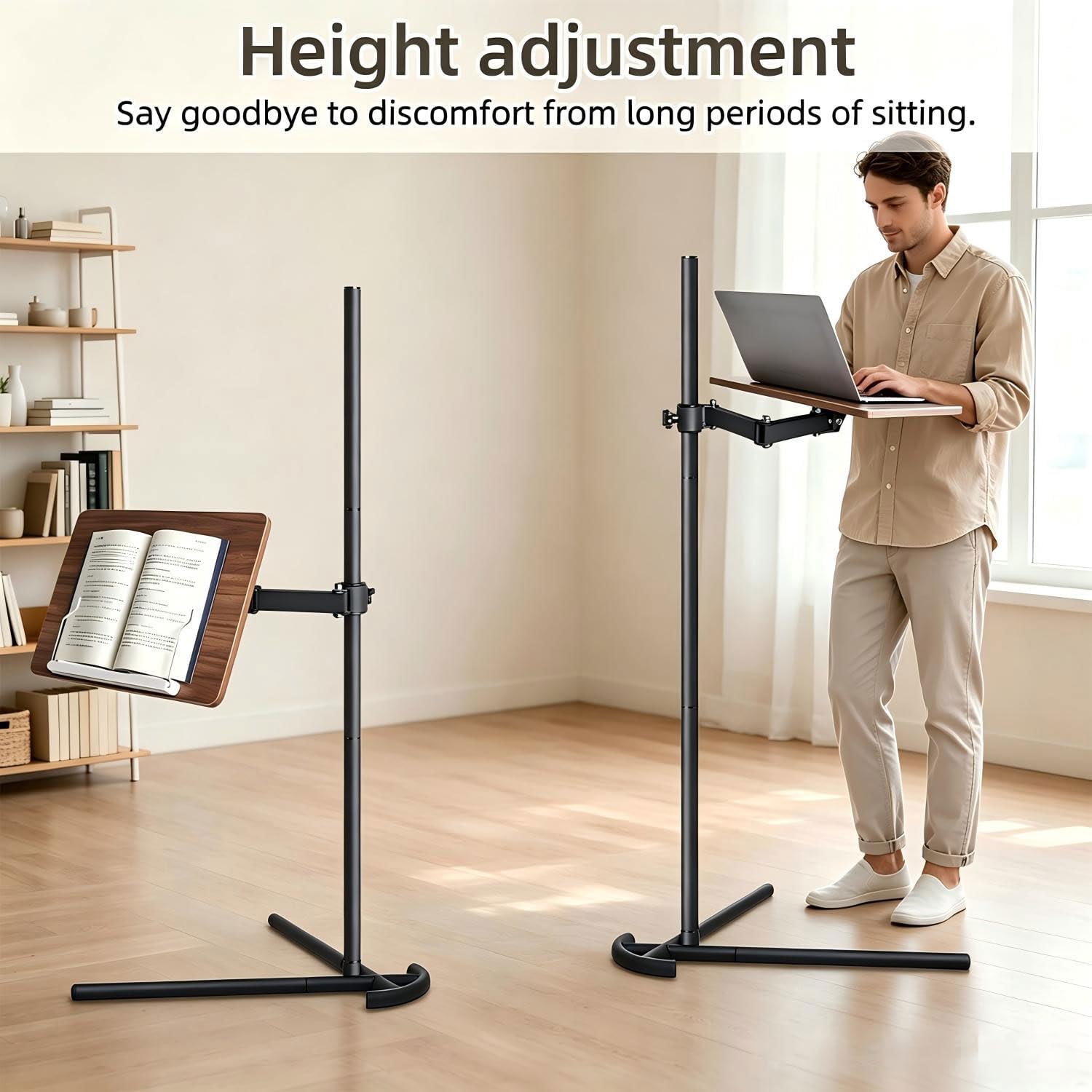 Adjustable Laptop Floor Stand for Bed and Couch, Heavy Duty Wood Tray Pedestal & Ergonomic Laptop Arm, Versatile Book Reading Stand & Tablet Holder for MacBook, Recliner & Posture