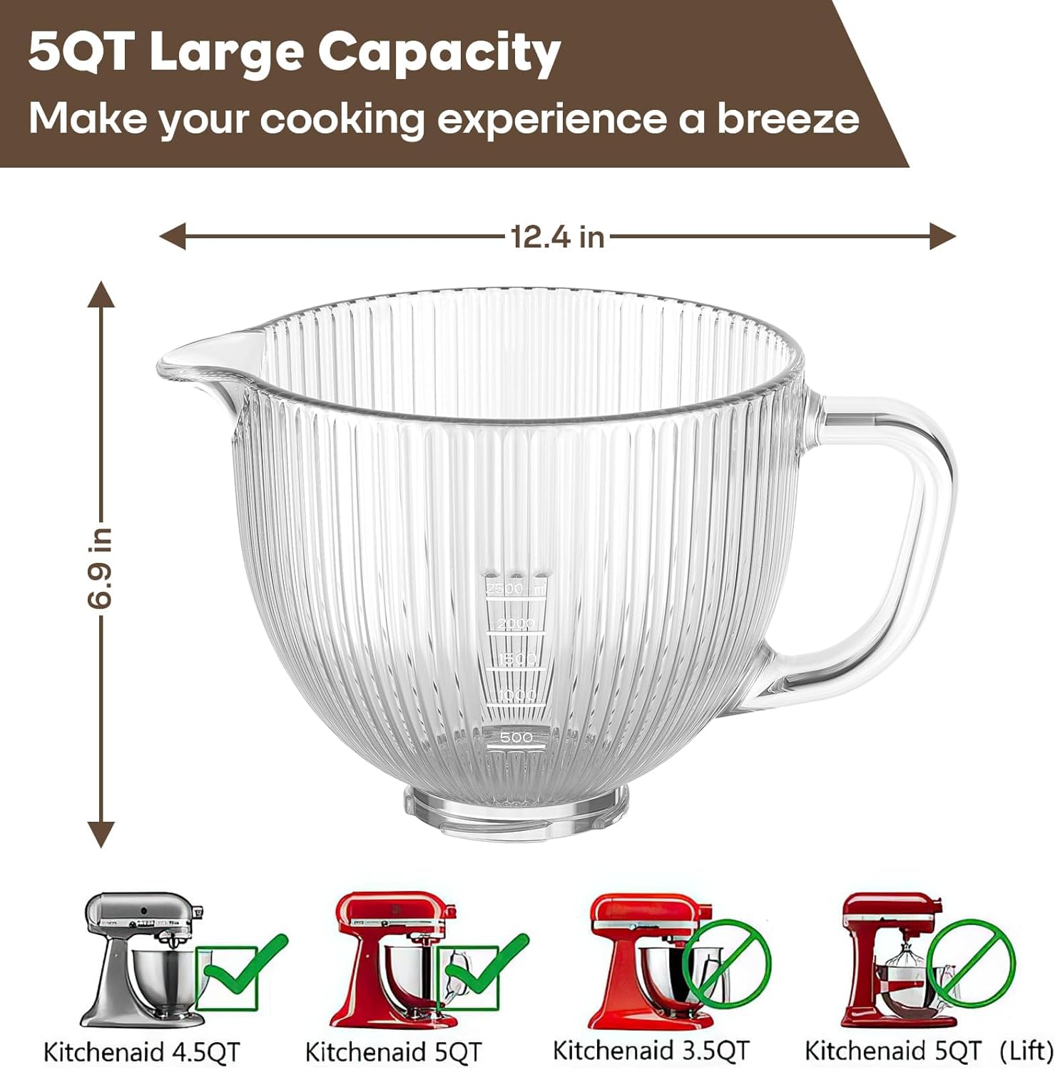 5-Quart Glass Bowl Attachment for KitchenAid Tilt-Head Stand Mixers