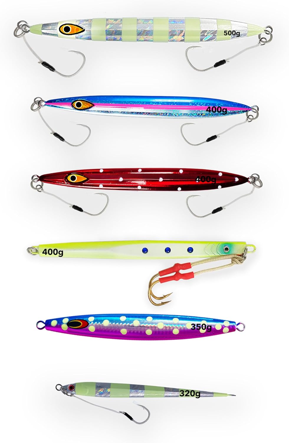 Saltwater Fishing Jigs 320–500g, 6 Pcs Silver Pink Blue, Lumo Polka Dot, Glow Zebra, HD Bluepink, Chartreuse & Zebra Glow, Offshore Jigs for Tuna, Bluefin, Mahi Mahi & Marlin Combo C
