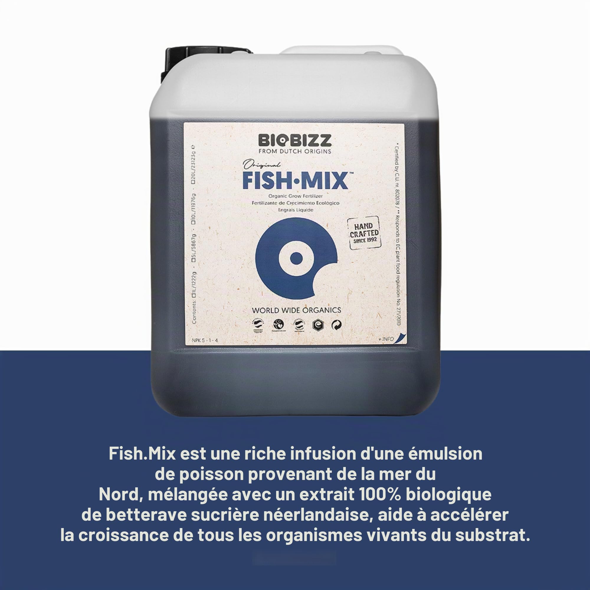 GROWMANIA Fish Mix de BioBizz 5 l + échantillon Boost Up Nutrients + Verre doseur | Engrais organique de haut volume | Pour grands jardins et potagers extensifs