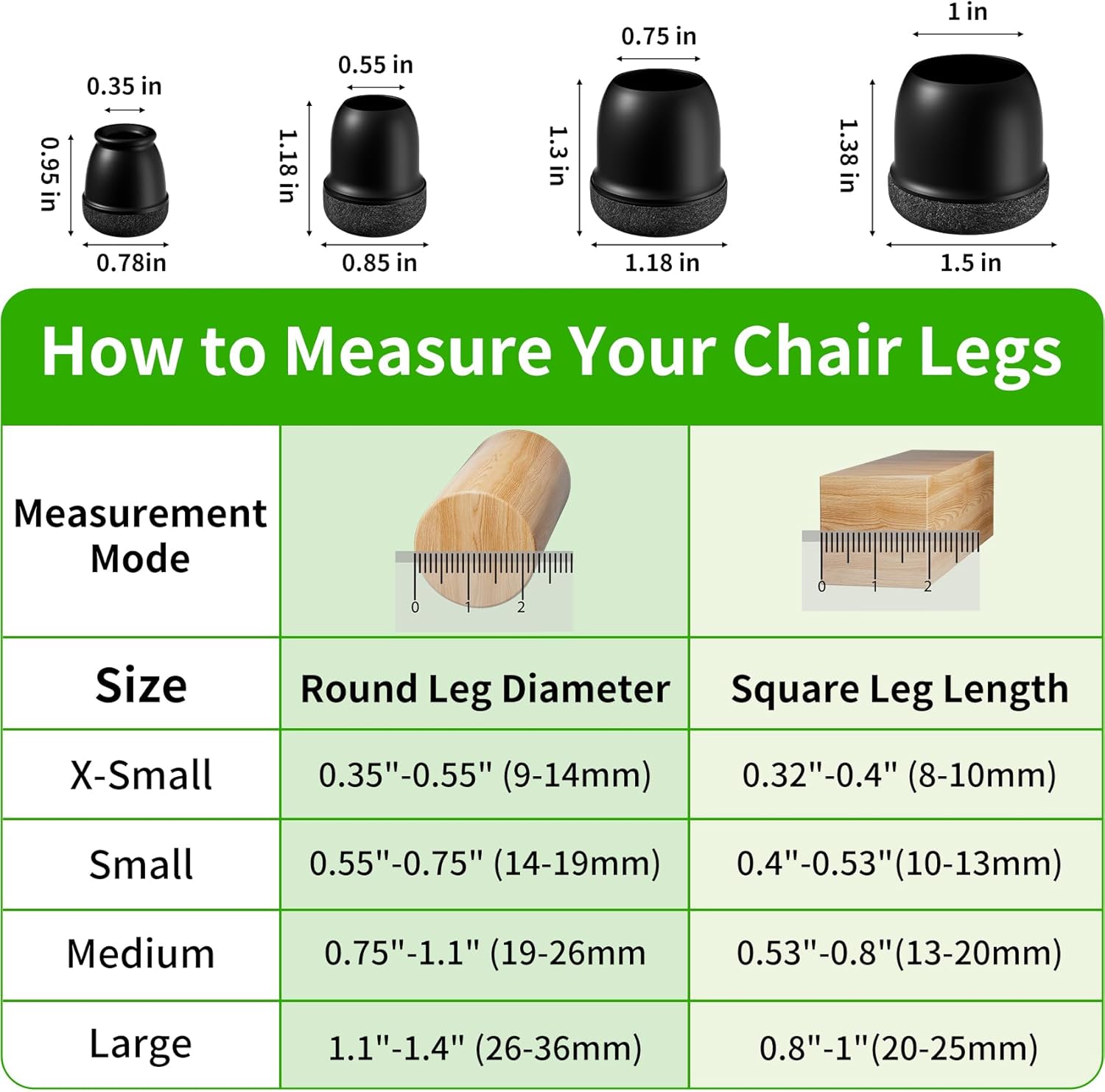 24 Pcs Extra Small Chair Leg Floor Protectors, Silicone Chair Leg Protectors for Hardwood Floors, Round Felt Pads Caps Chair Leg Covers to Protect Floors from Scratches & Noise(Black, Fit 0.35"-0.55")