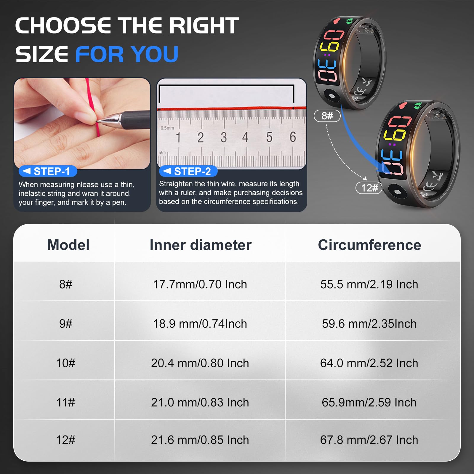 Roadtime Anillo inteligente con indicador LED táctil, anillo inteligente, oxígeno en sangre, anillo de presión arterial, podómetro, monitor de sueño, monitor de actividad (negro 8# 17,7 mm)