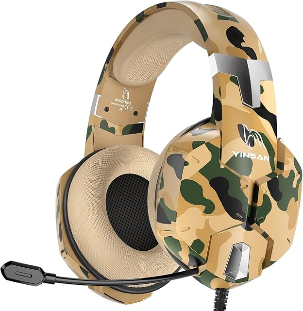 YINSAN Gaming Headset for Xbox One, PS4 Headset with Mic, Stereo Surround Sound, Noise Cancelling Microphone & One-Key Mute, Cool Camo Gaming Headphones for Nintendo Switch PS5 PC