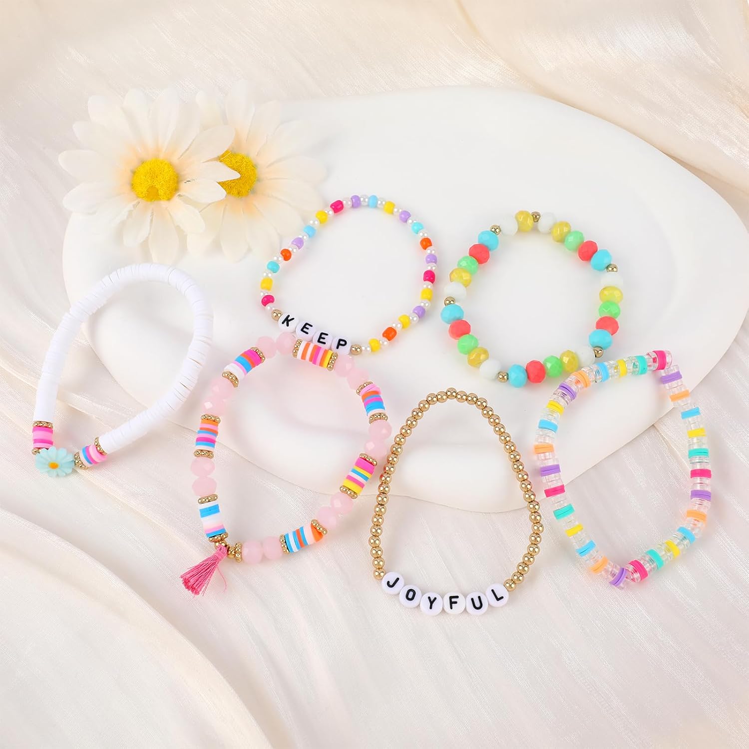 Inspirational Clay Bead Bracelets for Women Preppy Surfer Heishi Bracelets Set Macaron Color Stackable Bracelets Colorful Elastic Layering Friendship Bracelets Boho Jewelry Gift for Teen - Image 3