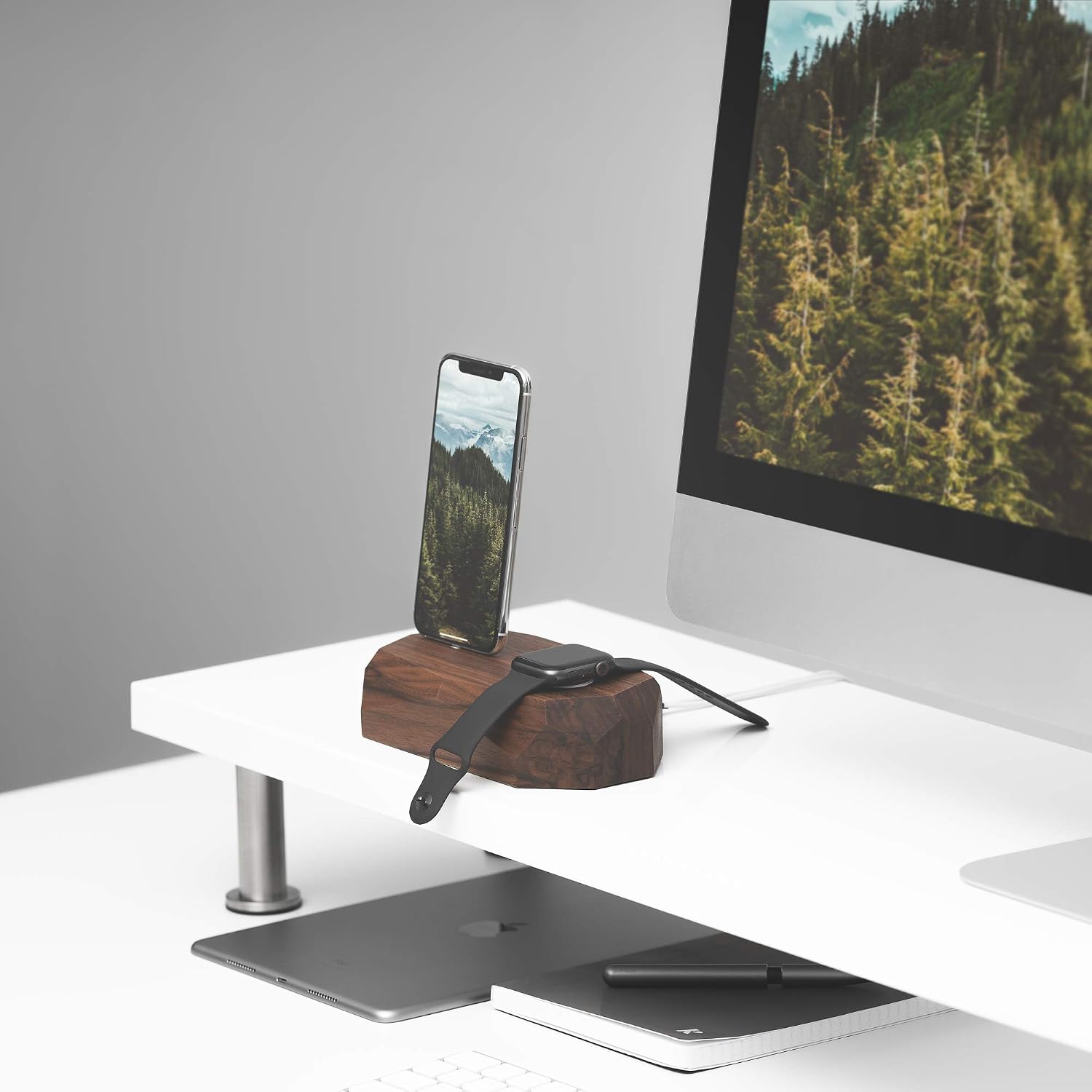 Oakywood - 2in1 Wood Docking Station Compatible with Apple Watch, Compatible with iPhone - Dual Charging Station, 1 x Lightning USB-A Connector Included - Combo Dock - Walnut