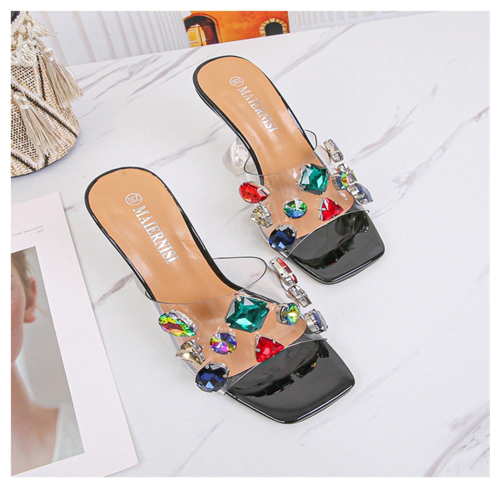 Verano Moda Cristal Diamante Diapositivas Claro Transparente Zapatillas Mujer Zapatos Peep Toe Delgados Tacones Hihg Vestido Bombas
