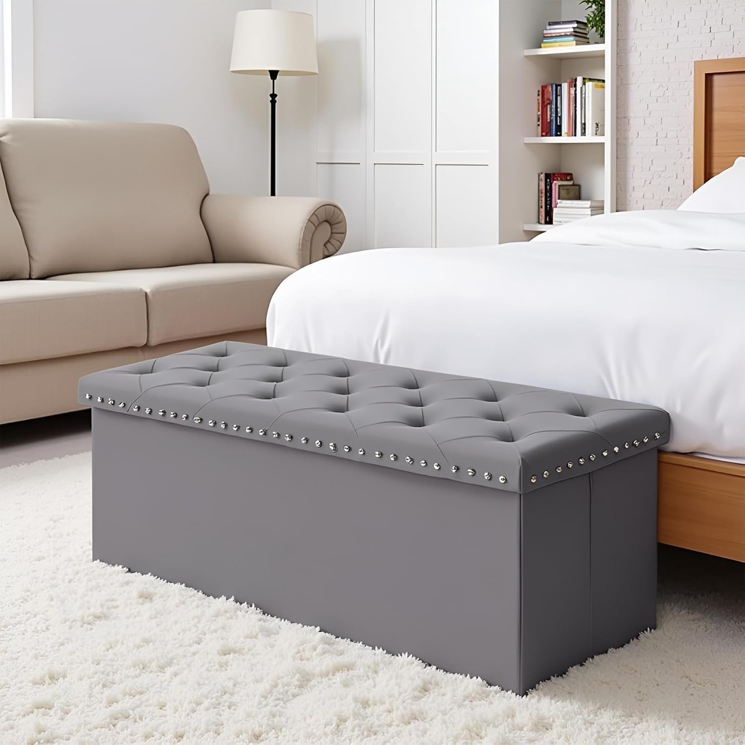 Storage Ottoman Bench, 43 Inches Folding Grey Velvet Long Ottoman with Storage for Bedroom 43.7" L x 15.7" W x 15.7" H