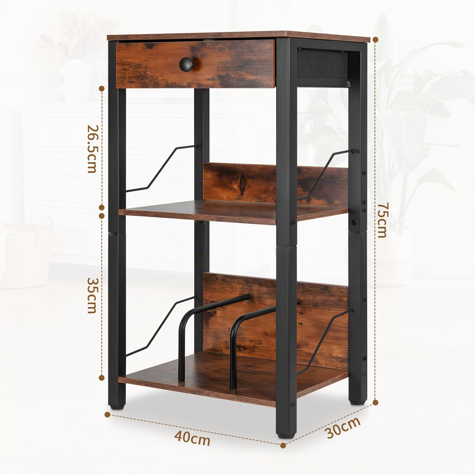 OUUTMEE Tocadiscos de vinilo, mesa giratoria de 3 niveles con cajón y estante para hasta 100 álbumes, estante tocadiscos, mesa auxiliar para salón, dormitorio, oficina