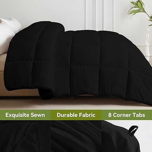 Miniatura 3 de L LOVSOUL Edredón alternativo de plumón tamaño King, relleno de edredón para todas las estaciones con pestañas en las esquinas, edredón negro King