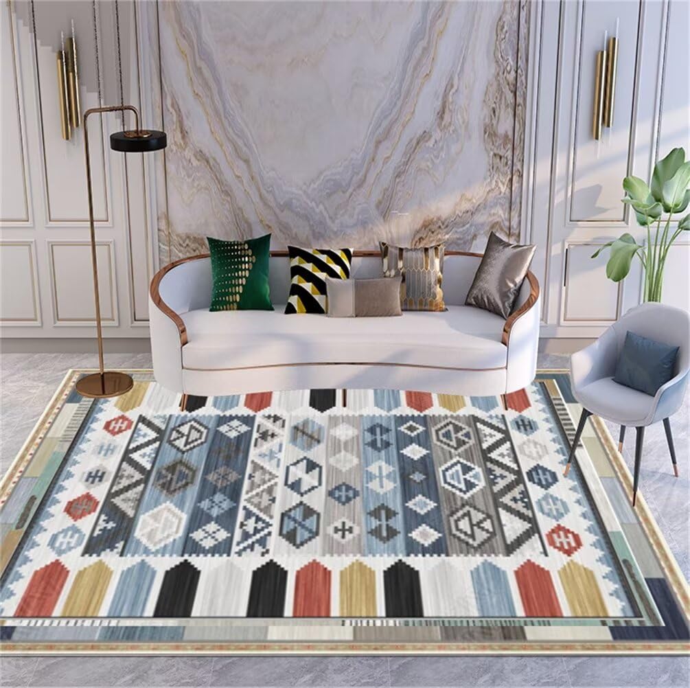 Tapis poil court bleu salon 60x110cm moquette geometrique