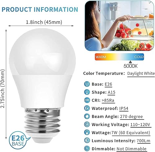 Miniatura 8 de KINDEEP Bombillas LED A15 para refrigerador equivalente a 60 W, bombilla de luz blanca de 7 W, 5000 K, 700 lm para bombilla de nevera, ventilador de