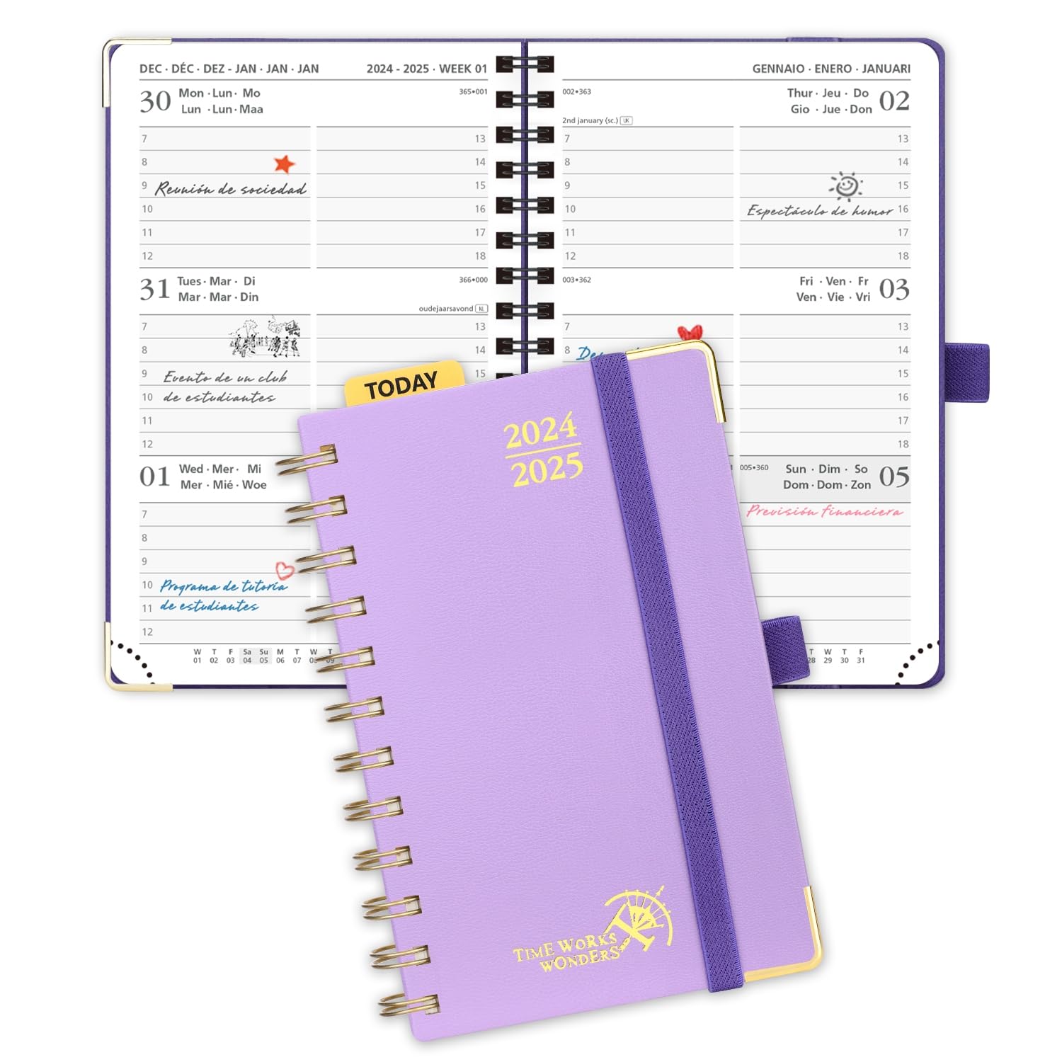 POPRUN Agenda 2024 2025 Pequeña 16 x 10,5cm, Tapa Dura Agenda Semana Vista A6, 17 Meses de Ago.2024 a Dic.2025, Regla de Plástico, 80 GSM Papel, Violet Claro