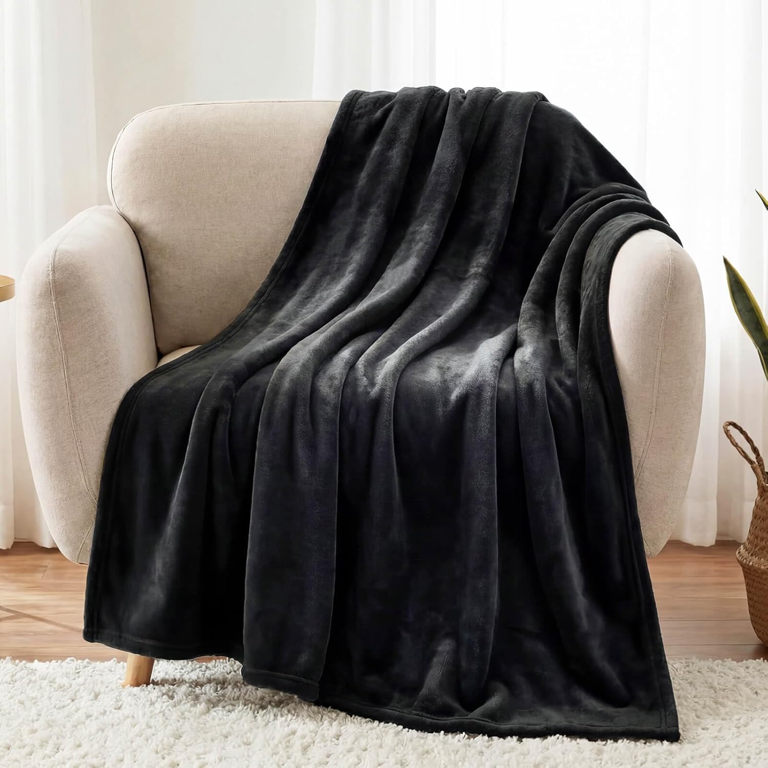 Plush Velvet Fleece Bed Blanket, Lightweight Queen Size Blanket, Soft Fuzzy Cozy Blanket for Couch (Black, Queen)
