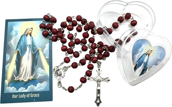 Our Lady of Grace Rosary Set Wooden Rose Scented Beads with Metal Crucifix Centerpiece in a Heart Shaped Case and Holy Card