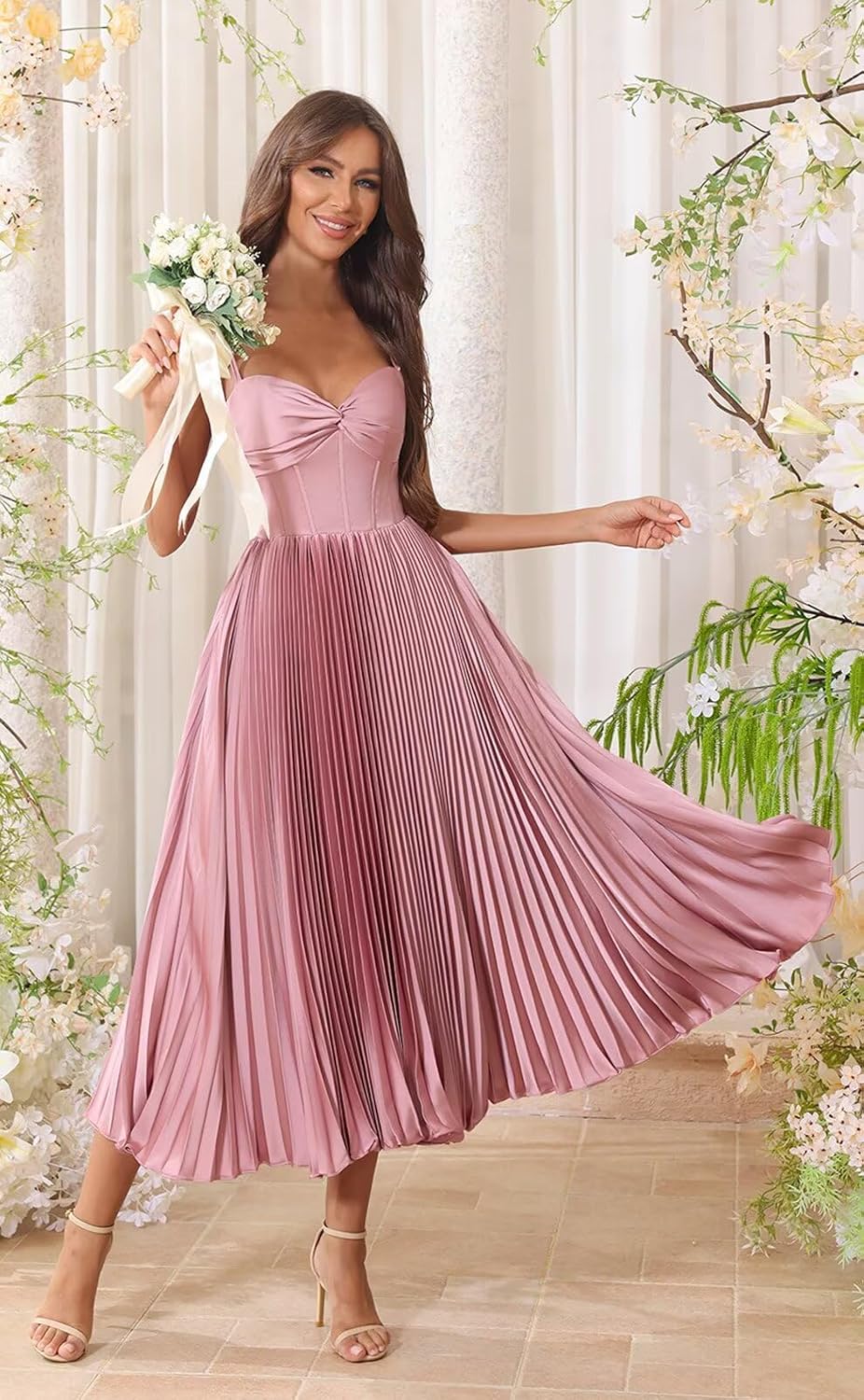 Pleated Bridesmaid Dresses for Women Satin A Line Tea Length Formal Dress Midi Evening Party Gowns - Image 7