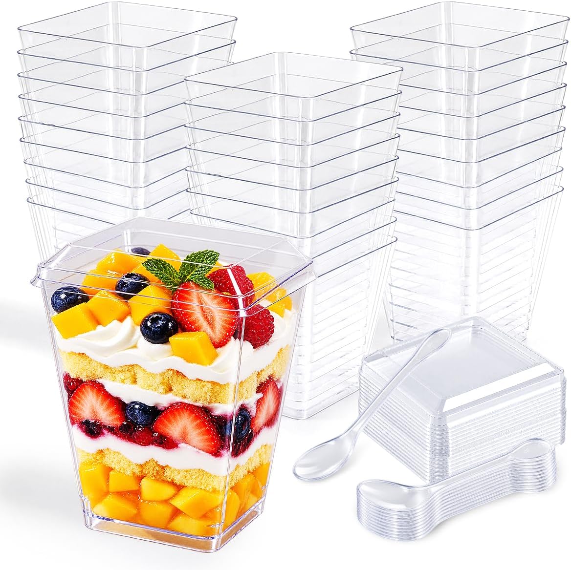 30 Sets 5oz Plastic Dessert Cups with Lids & Dual Spoons