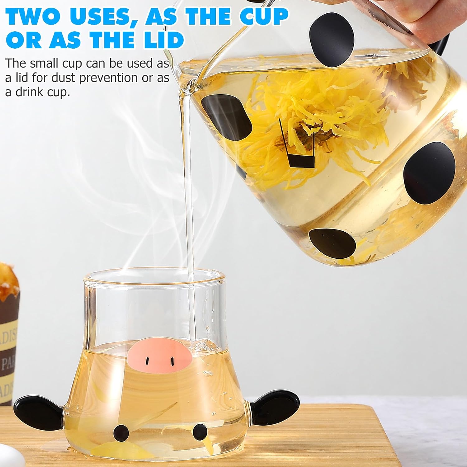 PRETYZOOM 1 Set Glass Pitcher with Cup, 550ml Cartoon Cow Water Carafe with Tumbler, Nightstand Bedside Water Jug and Cup, Heat-Resistant for Juice, Tea, Milk