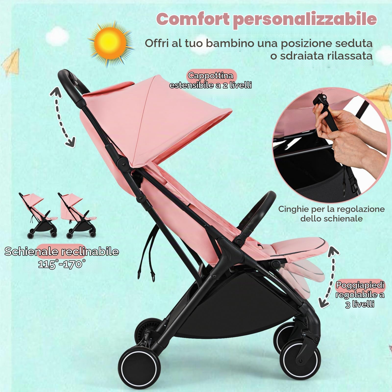 LIFEZEAL Passeggino Ultraleggero per Bambini 0-36 Mesi, Pieghevole, Portatile, Regolabile, Compatto, 6kg, Passeggino con Parasole, Cintura di Sicurezza, Freno, Cesto, per Viaggio, Aereo (rosa)