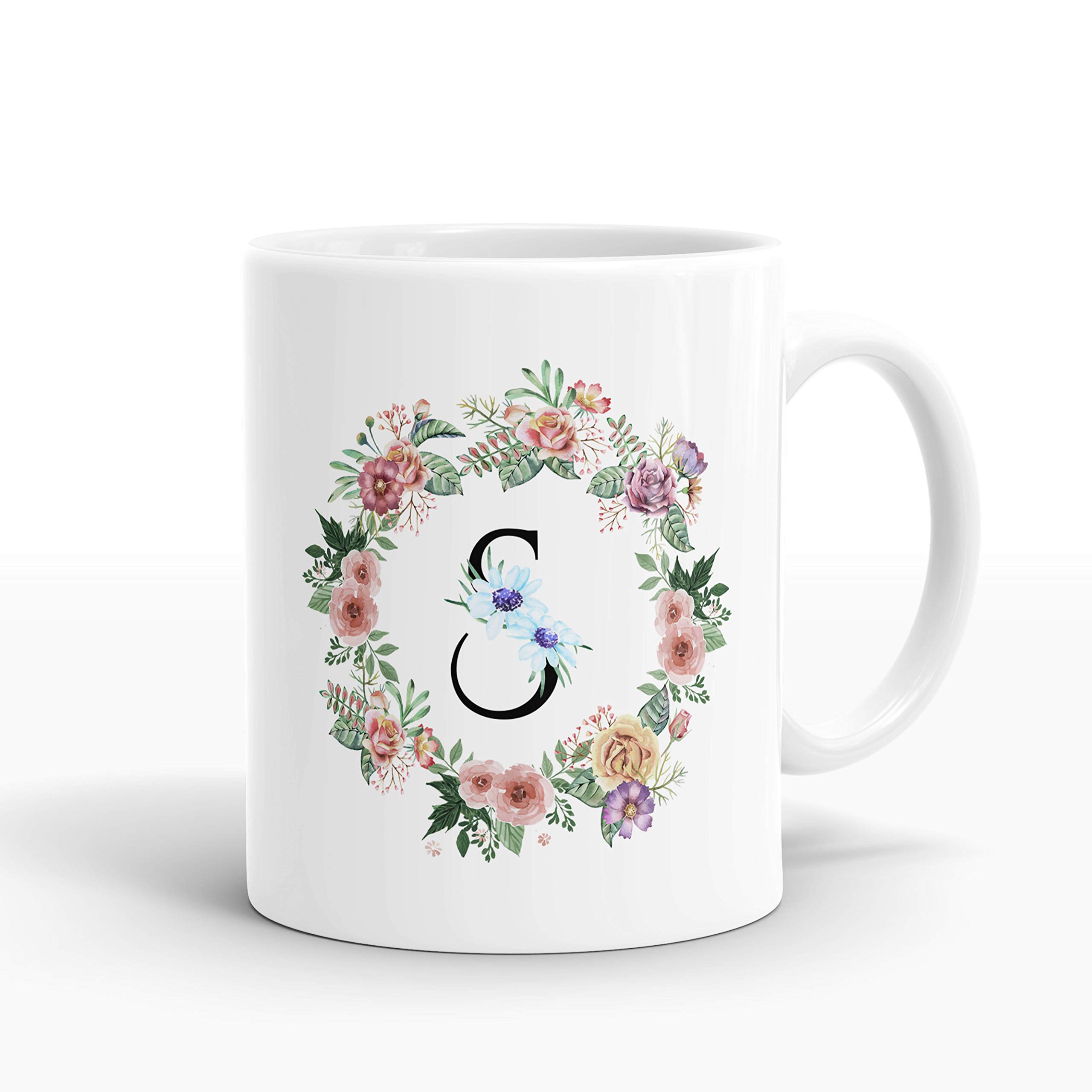 Gift Arcadia Ceramic Alphabet S Letter Flower Coffee Mug - 1 Piece, White, 330ml (A154)