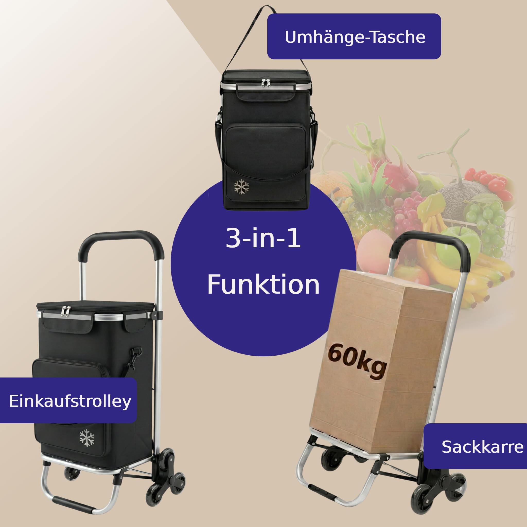 Einkaufstrolley Treppensteiger 64L groß, Einkaufswagen mit Dreirad klappbar, Trolley mit Kühlfach bis 60kg, Einkaufstasche mit Rollen und Reflektor, Handwagen schwarz