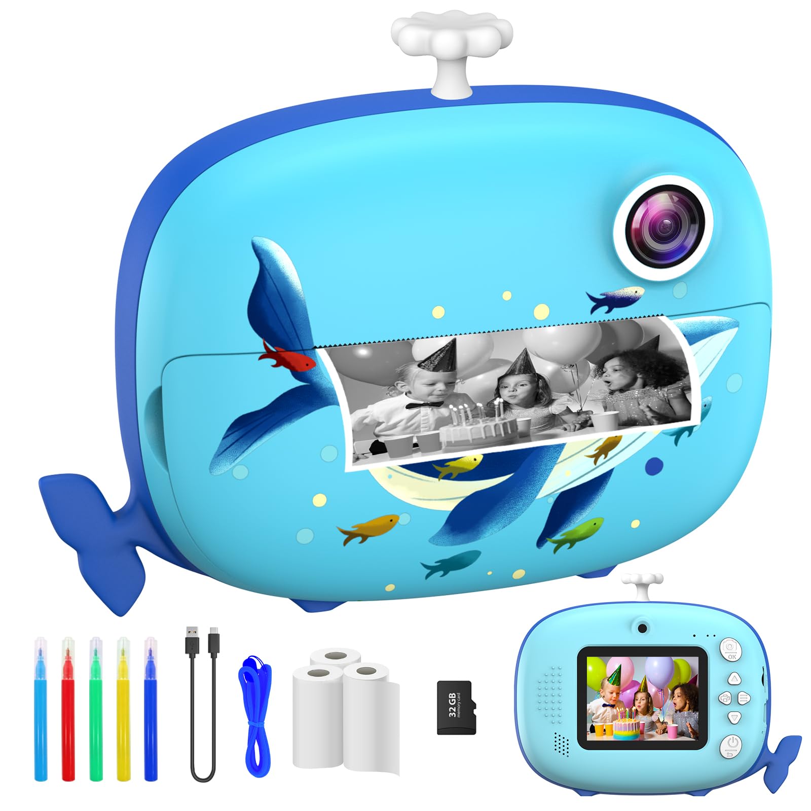 Kids Camera Zero Ink in Whale Design, Digital Photo Creator Camera, Kids Video Camera with Print Paper DIY | Color Pens | 32G T Card | Boys & Girls gifts Birthday, Festival (Blue)