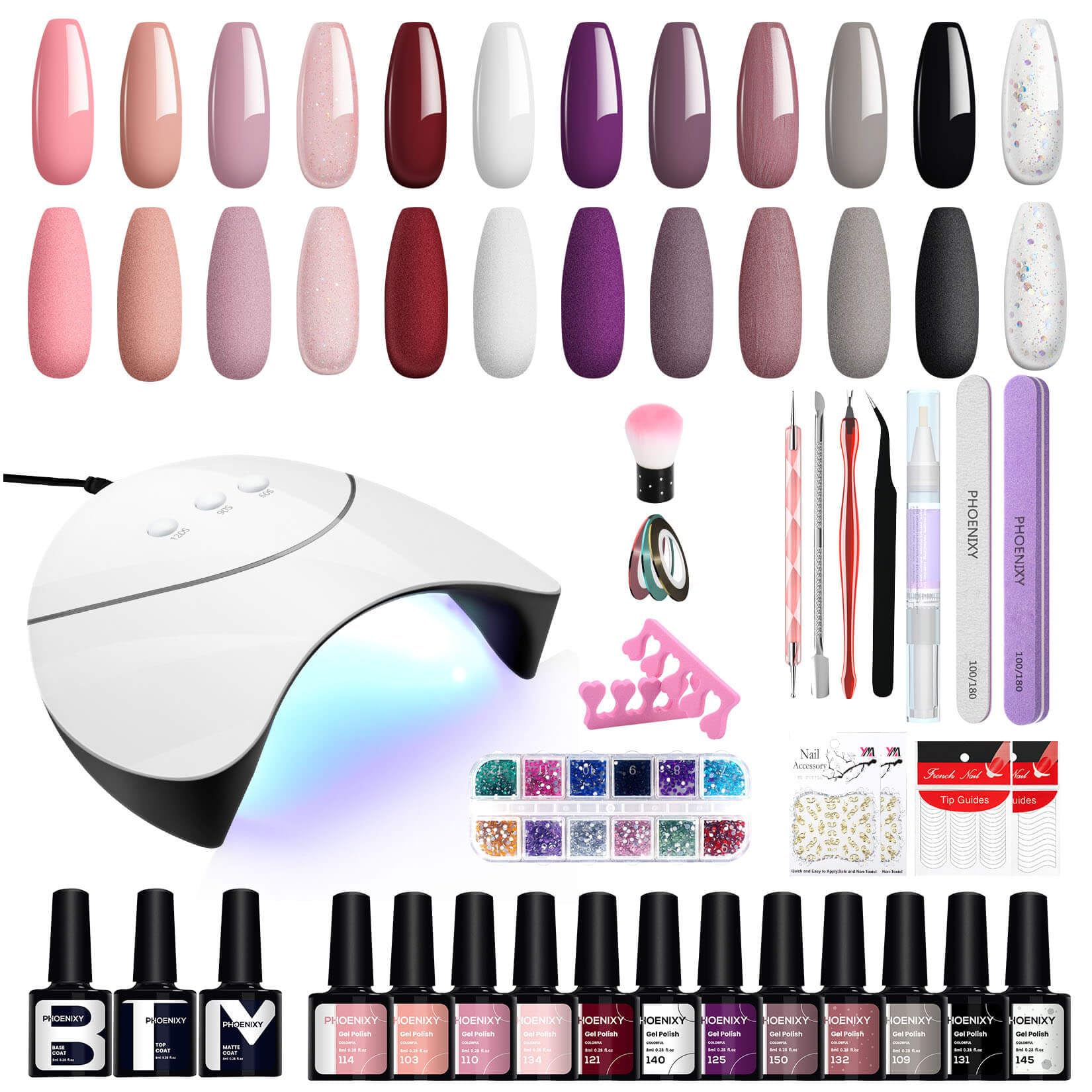 PHOENIXY Kit Unghie Gel Completo, 12 Colori, Lampada UV/LED 36W, Accessori, Set Unghie Semipermanente Professionale