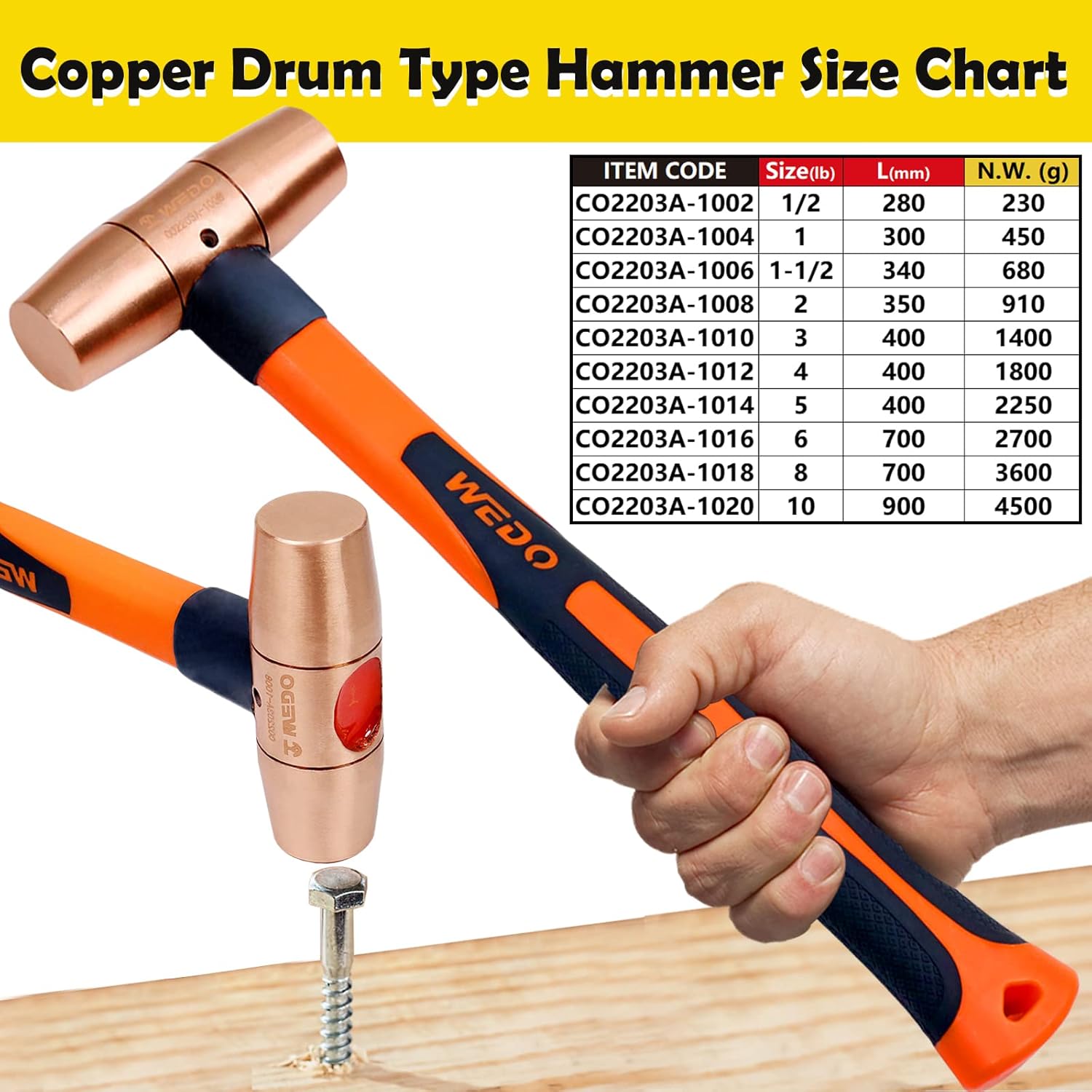 WEDO Copper Sledge Hammer 2lb,Solid Copper Mallet Hammer,Fiberglass Handle,Length 350mm,Die-Forged, Corrosion Resistant, DIN Standard
