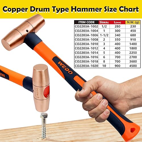 Miniatura 2 de WEDO Martillo de trineo de cobre 12lb,Martillo de mazo de cobre macizo, mango de fibra de vidrio, longitud 11.024 in, forjado a presión, resistente