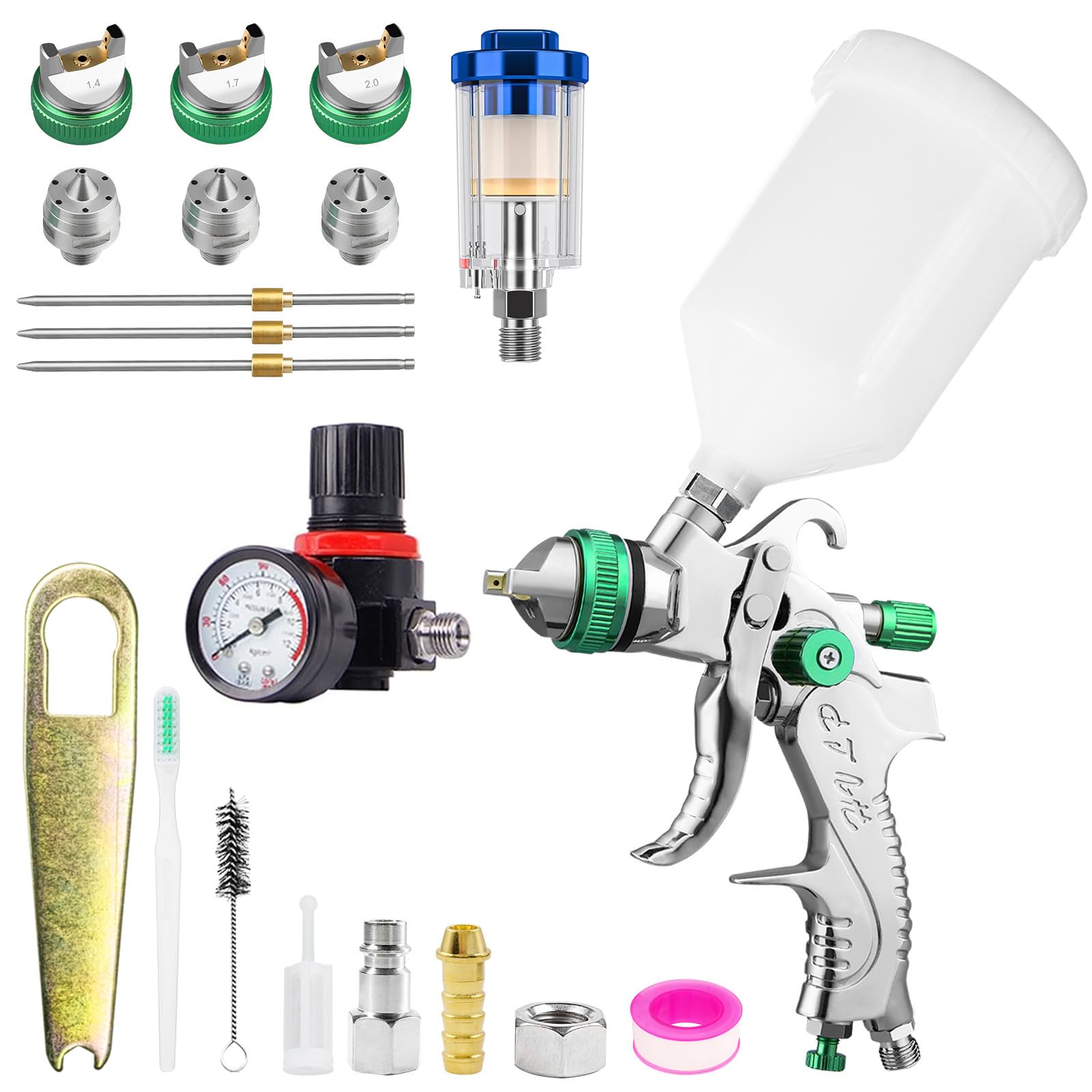 HVLP Professionnel Pistolet à Peinture à Alimentation par Gravité avec 3 Buses 1.4/1.7/2.0mm Coupe 600cc Régulateur d'air Pistolet à Peinture Automatique pour la Réparation de Voitures (Vert)
