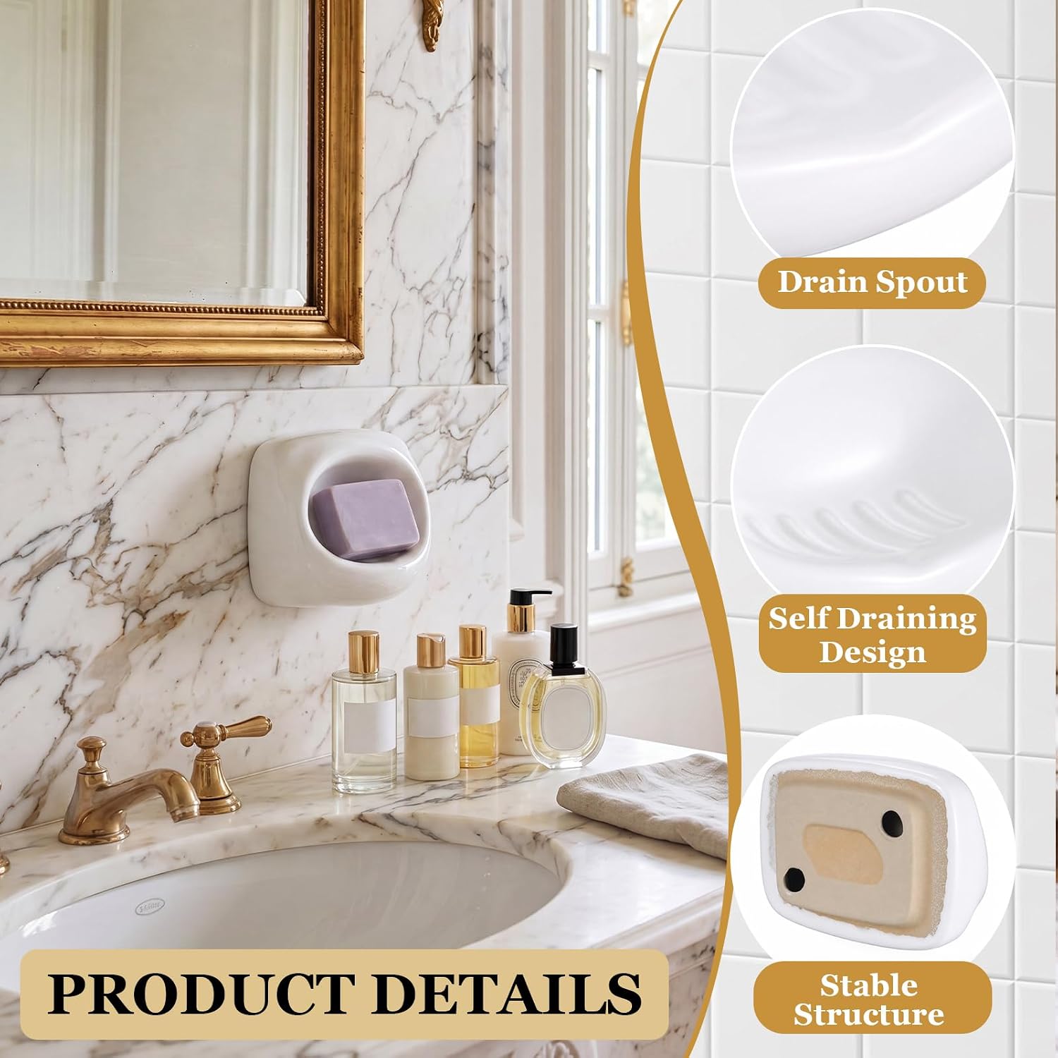 White Vintage Ceramic Soap Dish for Shower Wall,1 Pcs,Oval image 3