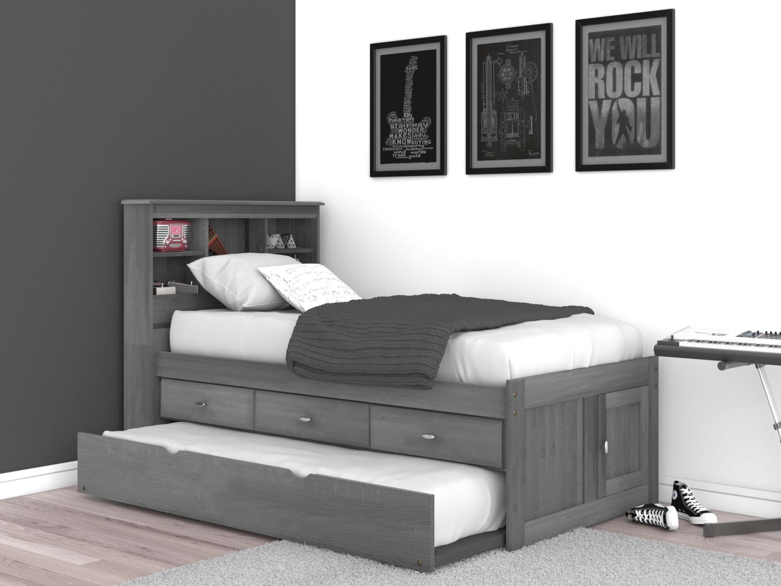OS Home and Office Furniture Solid Pine Twin Captains Bookcase Bed with 3 Drawers and a Twin Sized Trundle in Charcoal Gray(Trundle only)