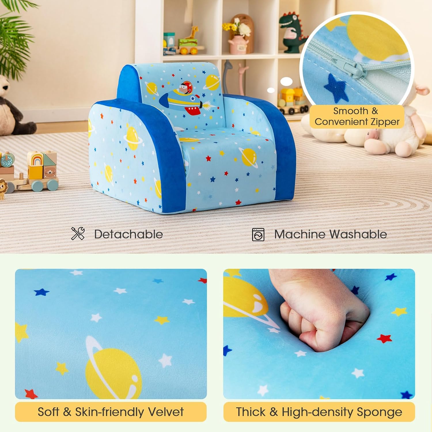 HONEY JOY Kids Sofa, 3-in-1 Convertible Children Folding Sofa & Comfy Flip Open Lounger for Play, Foam Toddler Couch Fold Out, Gift for Boys Girls (Light Blue)