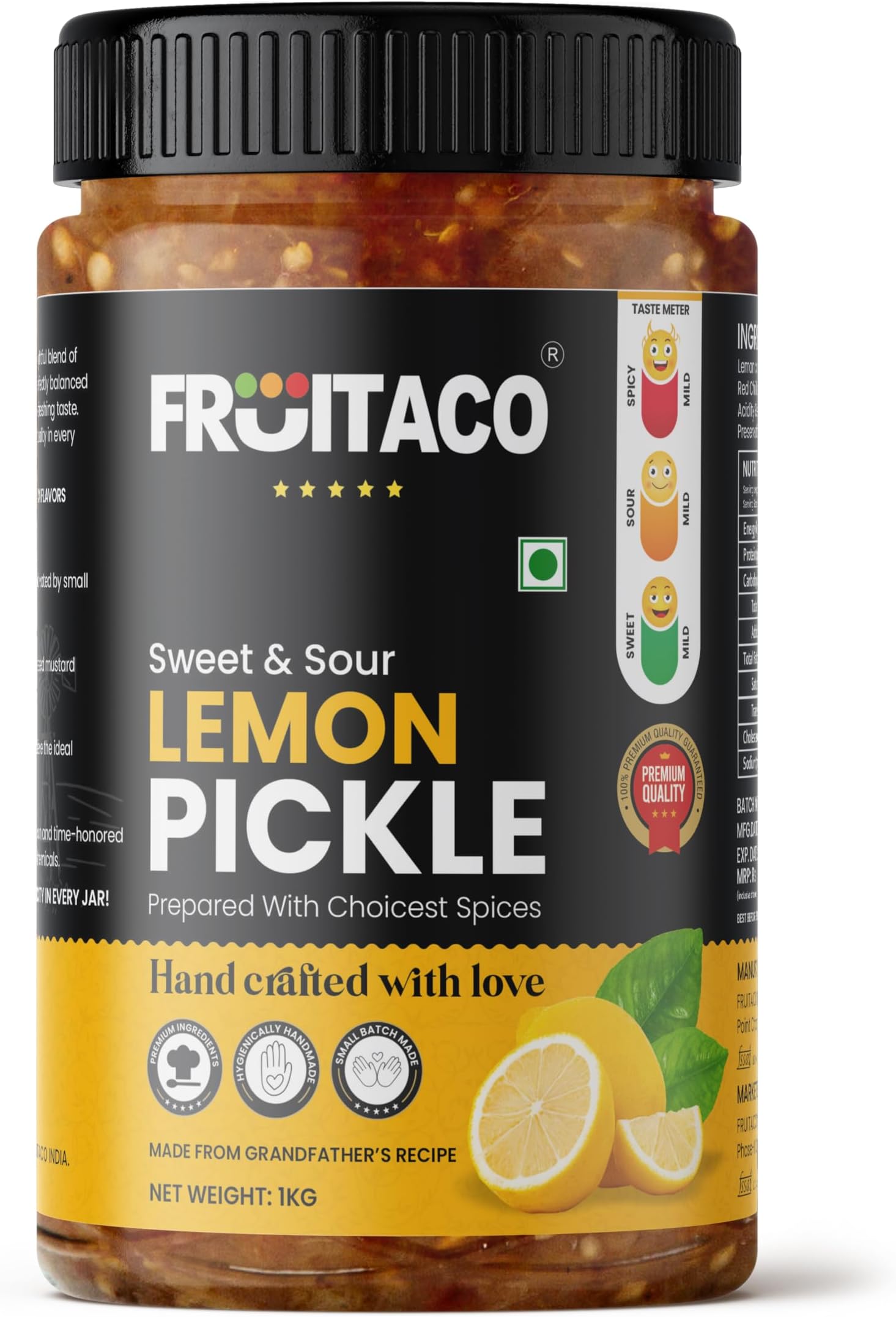 Fruitaco Lemon Pickle – Authentic Indian Pickle with Tangy and Spicy Flavor | Perfect Side for Meal (1 Kg, Sweet & Sour Lemon Pickle)