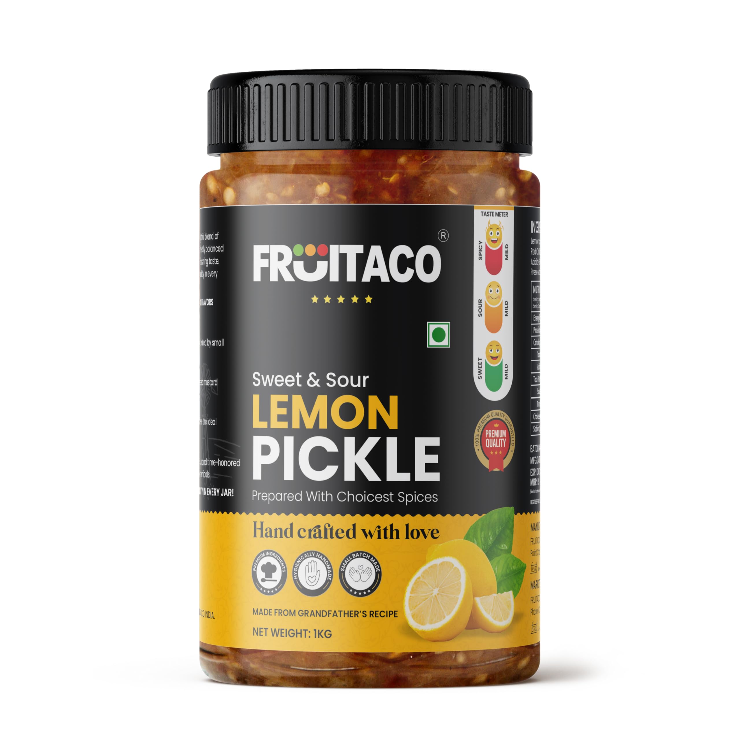 Fruitaco Lemon Pickle – Authentic Indian Pickle with Tangy and Spicy Flavor | Perfect Side for Meal (1 Kg, Sweet & Sour Lemon Pickle)