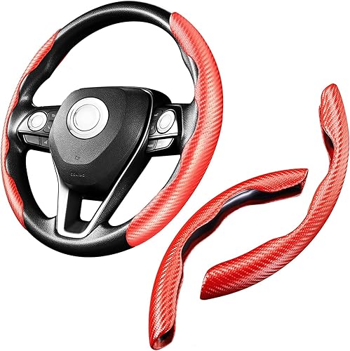 Miniatura 7 de WSSROGY Paquete de 3 fundas de fibra de carbono para volante de automóvil, protector antideslizante para volante segmentado, funda de volante de