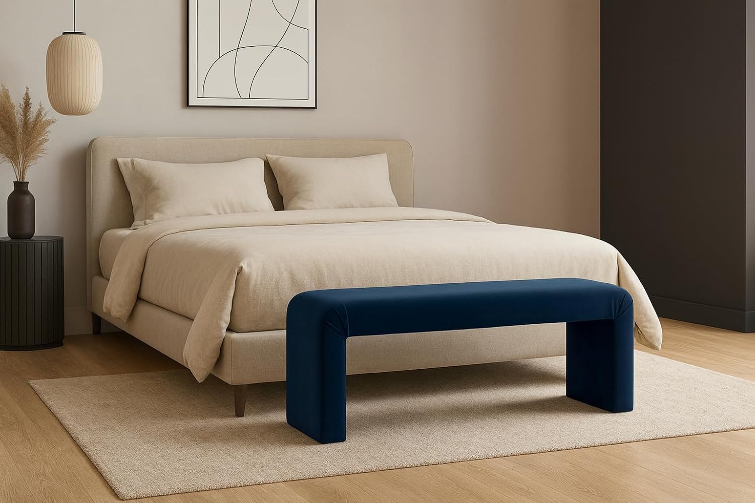 Meridian Furniture Minimalist Collection Modern | Contemporary Velvet Upholstered Bench, 53" W x 14.75" D x 18.25" H, Navy
