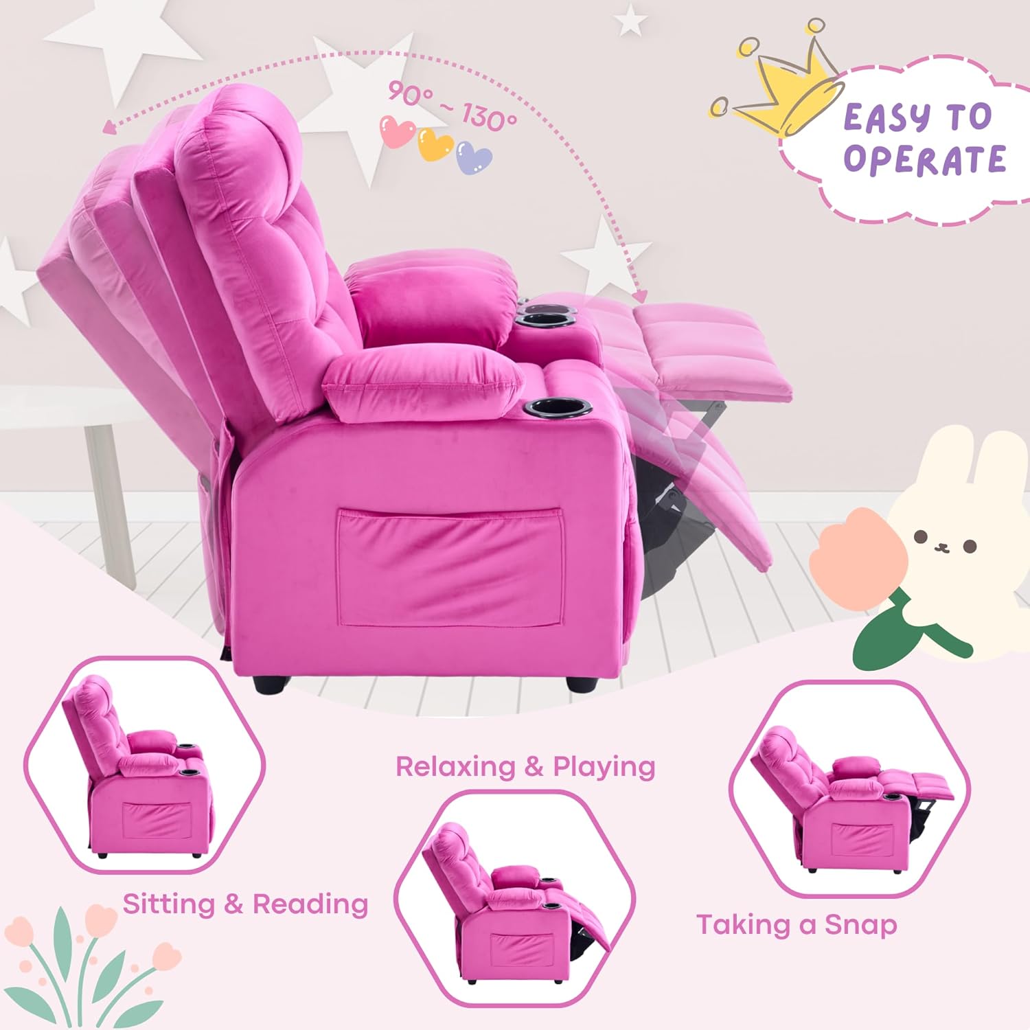 Donut Larger Kids Reclining Chair Velvet Fabric Recliner Sofa Push Back Lounge Children Toddler Boys Girls Ages 3-12 with Dual Cup Holders and 4 Pockets