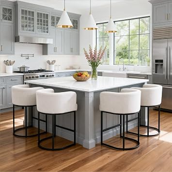 Upholstered Counter Height Bar Stools Set of 4, Modern Barrel Counter Stools with Arms, Comfy Linen Fabric Barstools Kitchen Bar Height for Island with Black Metal Frame, Beige