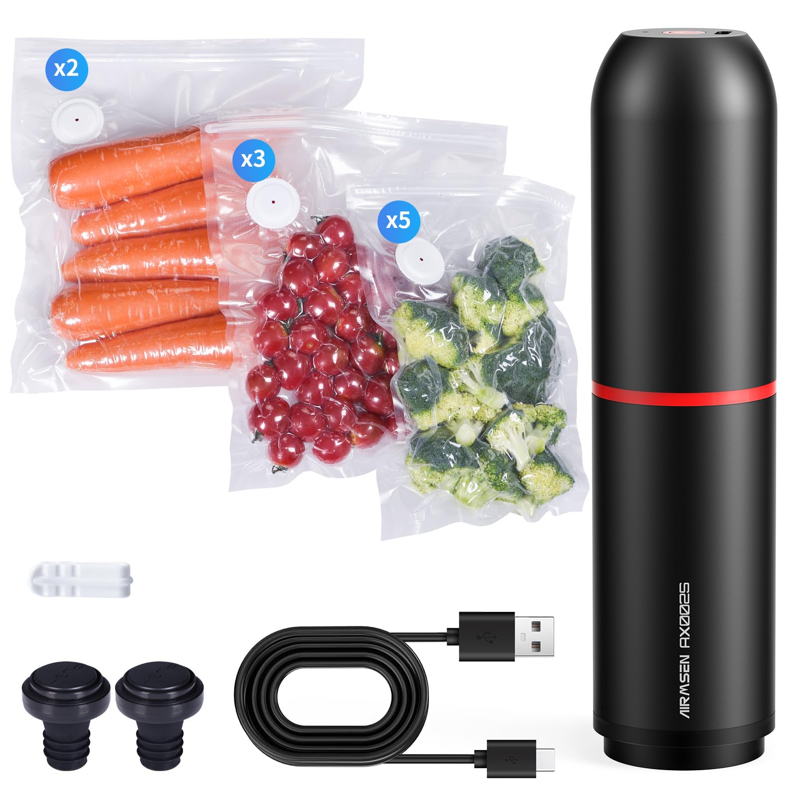 AIRMSEN Mini Vacuum Sealer, Sous Vide Vacuum Sealer, Suction Power of 40 kPa Food Vacuum Sealer Machine, Vacuum Food Sealer with 10 Vacuum bags & 2 Corks, Handheld Vacuum Sealer for Dry/Wet Foods