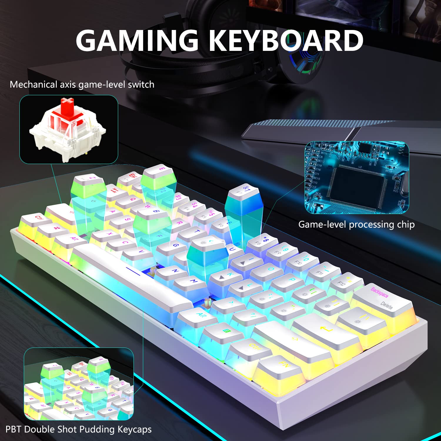 Gamakay Teclado para jogos MK61 Pro com fio 60% branco teclado