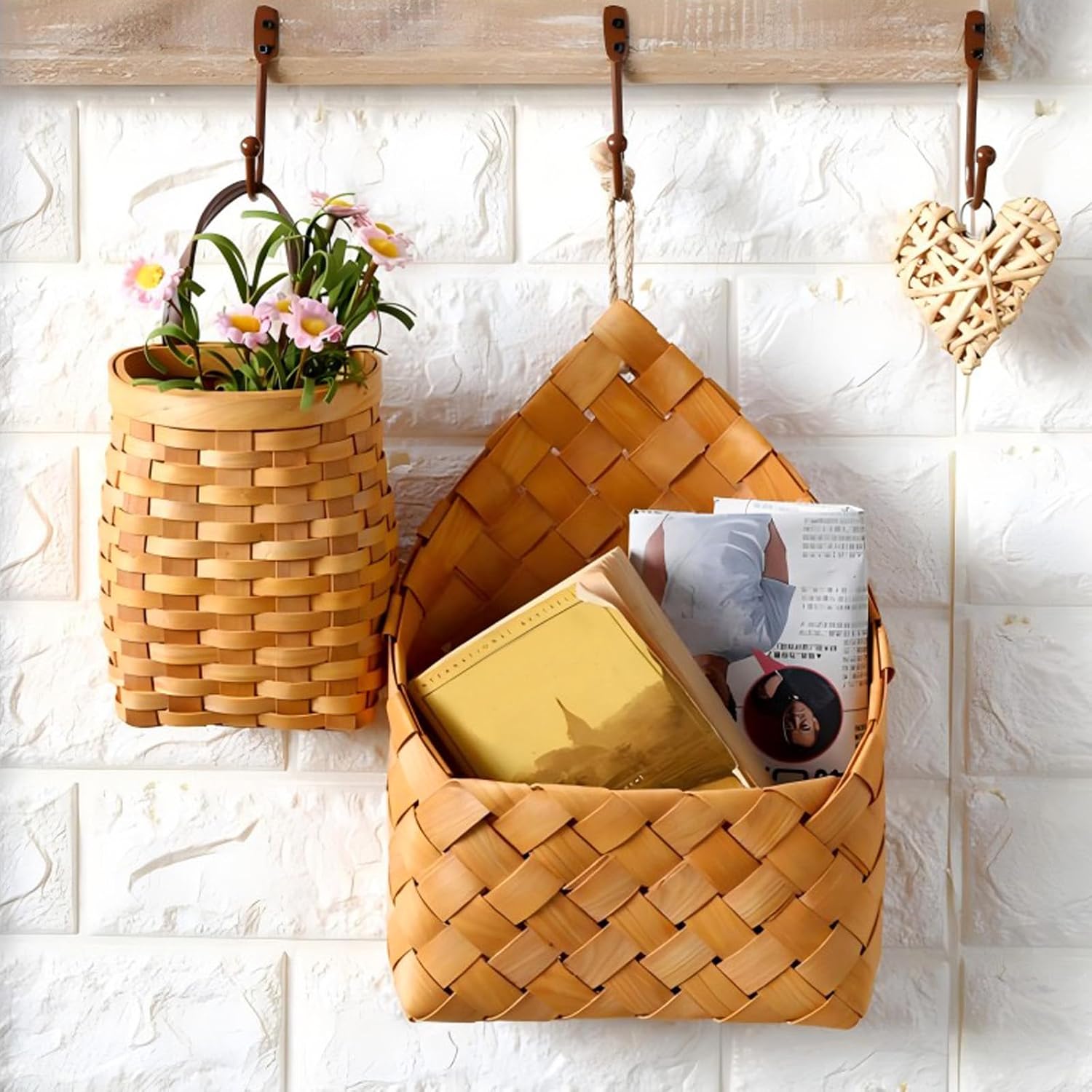 Hanging Wall Basket Wood Woven Basket, Small Hanging Basket for Wall Decor, Decorative Flower Basket for Front Door