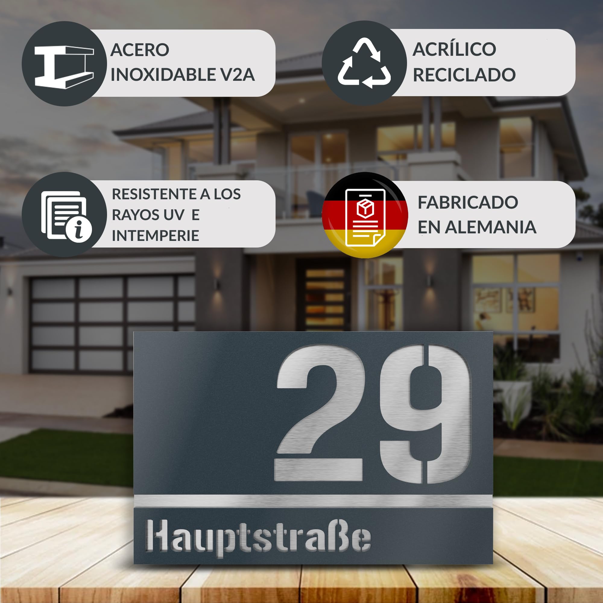 placa número para exterior de dos líneas – 160x110 mm, antracita RAL 7016, acero inoxidable V2A (AISI 304), personalizable