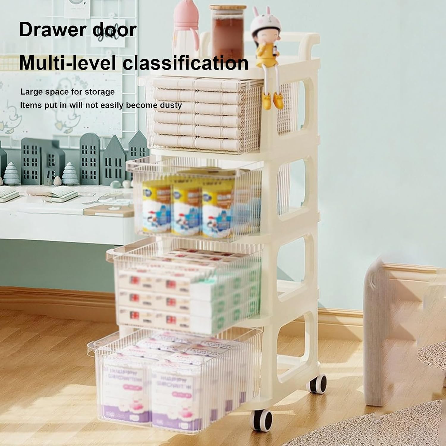Erice Storage Cart, Kitchen Carts on Wheels with Storage, Multi Layer Drawer Detachable Transparent Cart with Handle, Organizer Cart for Bedroom Kitchen Living (4 Tier)