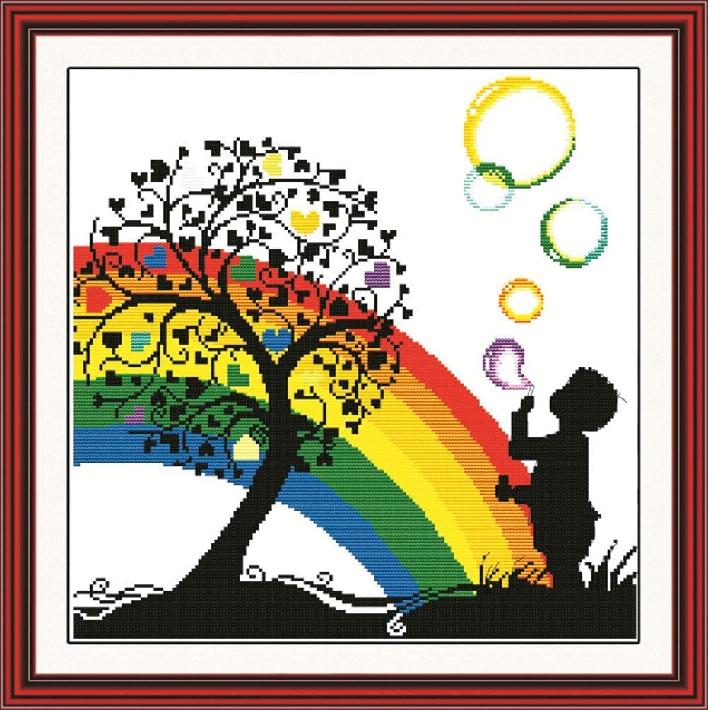 YEESAM ART Unstamped Cross Stitch Kits for Adults Rainbow Bubble Boy 14ct Counted Unprinted Embroidery Kit Needlework Wall Art Decor