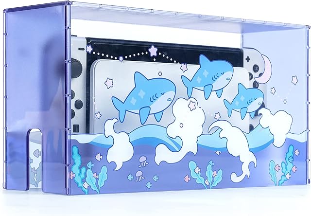 GeekShare Cute Shark akrylowy Clear Dust Display Box Cover do Switch/OLED, wodoszczelne etui ochronne kompatybilne z akcesoriami do ładowania Nintendo Switch/OLED