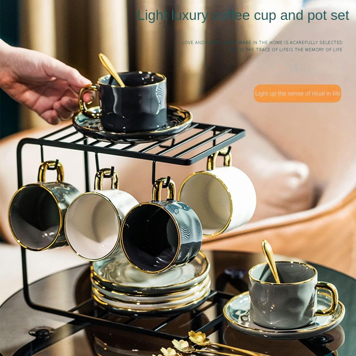 Porcelain Espresso Coffee Cup Set with Saucers Spoons and Metal Stand，8 oz Luxury Cappuccino Milk Royal Cups for Latte Cafe Mocha Cappuccino Gold Trim Exquisite ，Set of 6（3 Color）