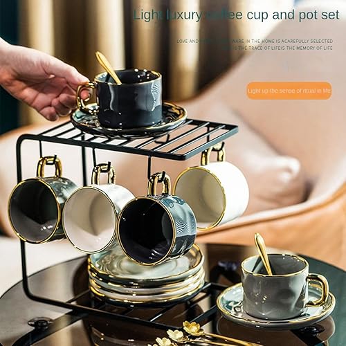 Miniatura 2 de Juego de tazas de café expreso de porcelana con platillos, cucharas y soporte de metal, tazas de lujo de 8 onzas de leche real de capuchino para