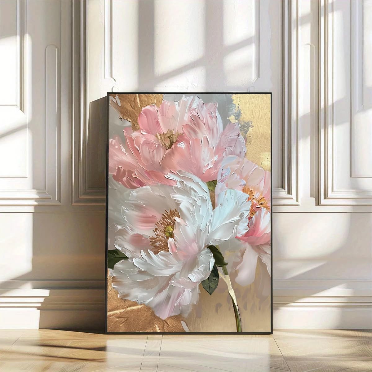 GKUVBF Quadro moderno astratto con motivo floreale in foglia d'oro, stampa su tela, ideale per soggiorno e camera da letto (30x40 cm/cornice interna)