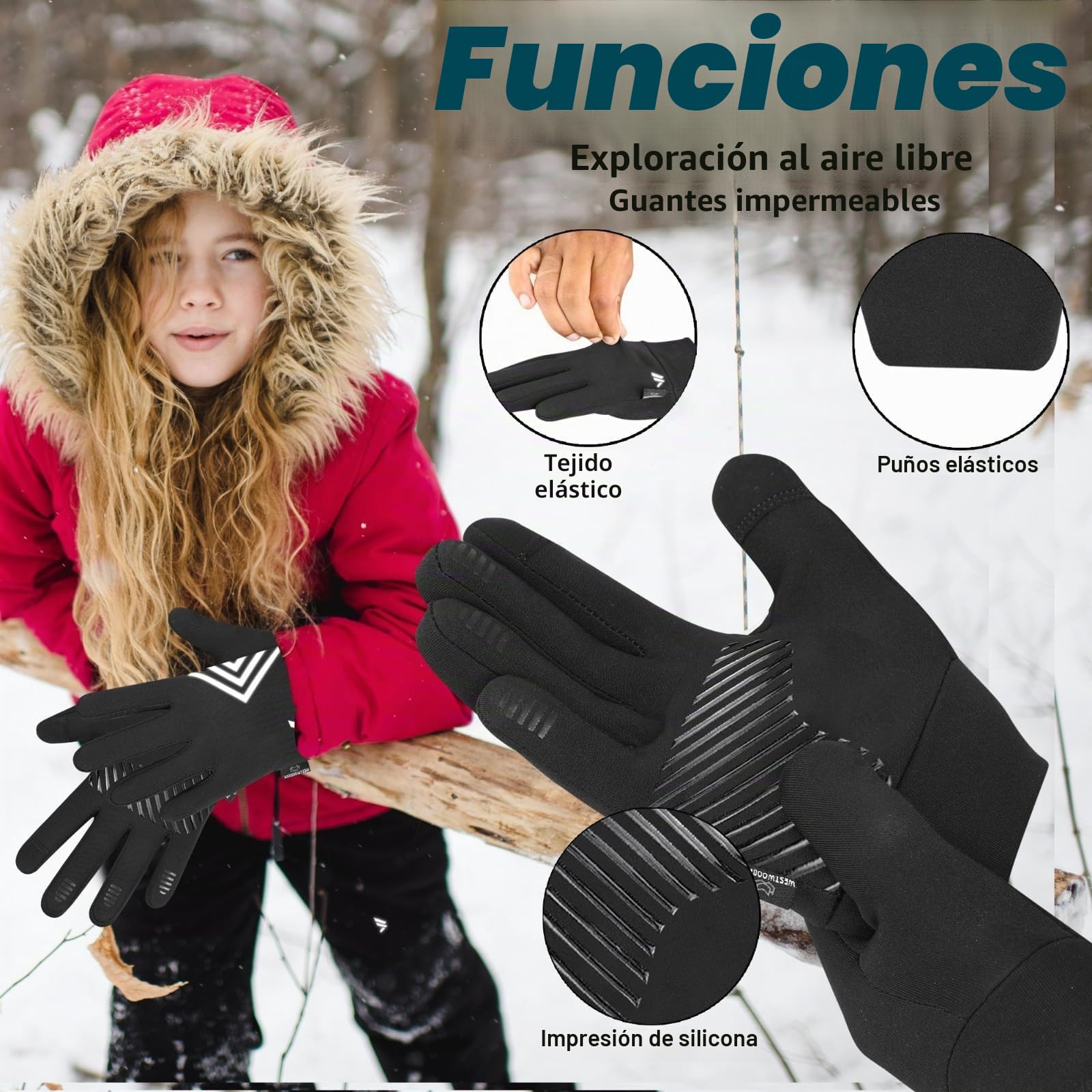 WESTWOOD FOX Guante Térmico para Pantalla Táctil Antidelizante para Niño Niña 4-12 Años