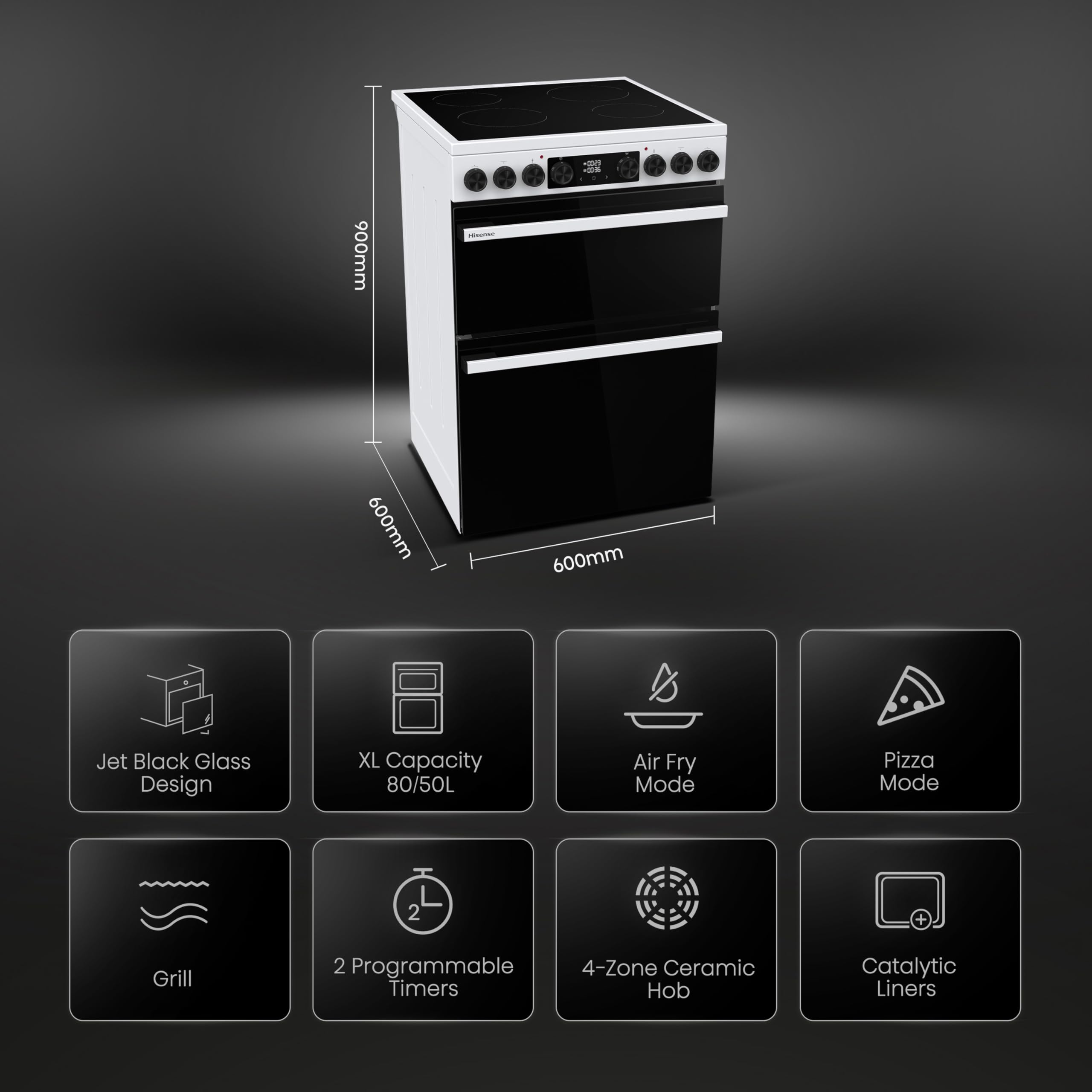 Hisense Hi6 Max 60cm Electric Cooker with Ceramic Hob HDCEC6C20W - White - A Rated — view 3